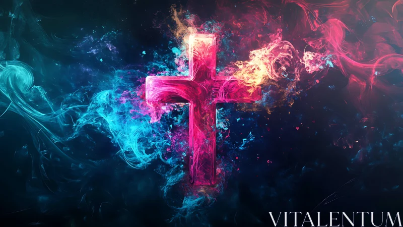 Digital neon cross in chromatic smoke field composition.