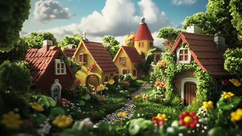 Toylike cottage lane glows beneath storybook summer clouds