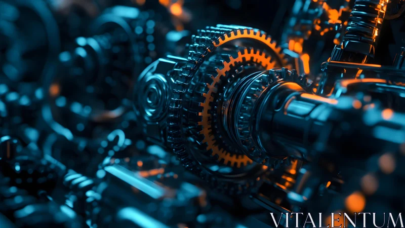 Close-up of Mechanical Gears in Futuristic Lighting, Industrial Style.