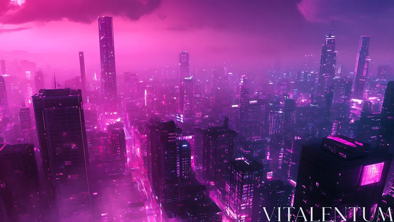 Neon drenched cyberpunk skyline over dense city blocks.