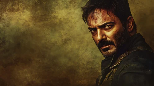 Intense bearded man in dramatic golden textured light.