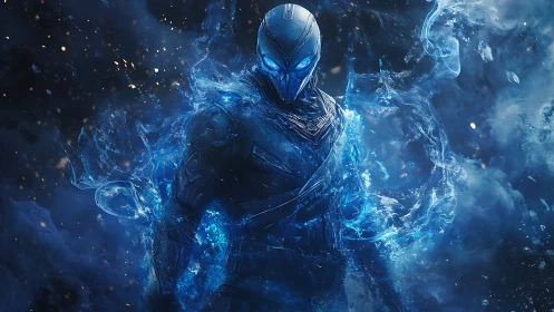 Stormforged cyber warrior rising in swirling blue energy.