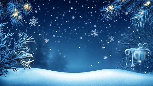 Snow covered fir branches with gift box in night scene.