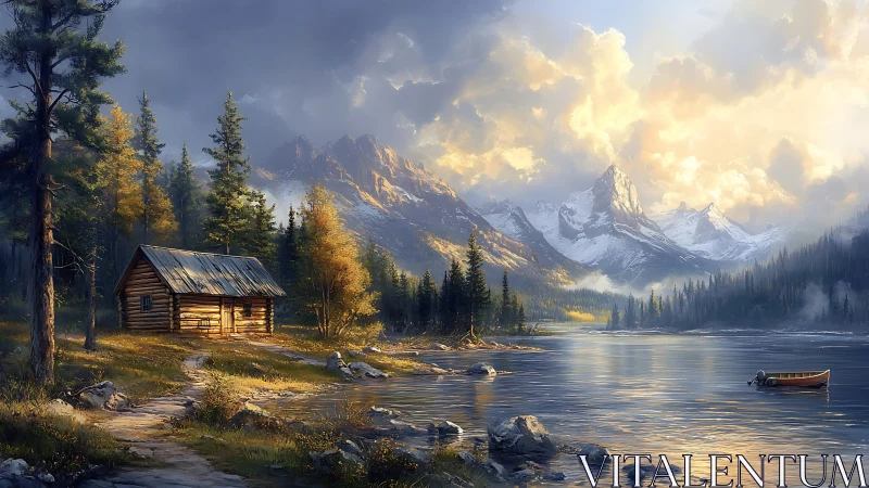 Lakeside cabin dreams beneath storm-kissed alpine peaks.
