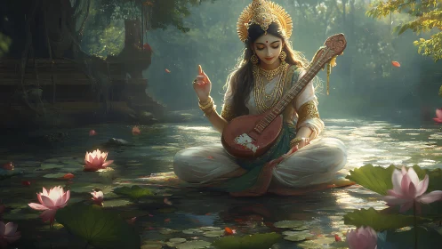Lotus goddess meditates over glowing forest water. Period.