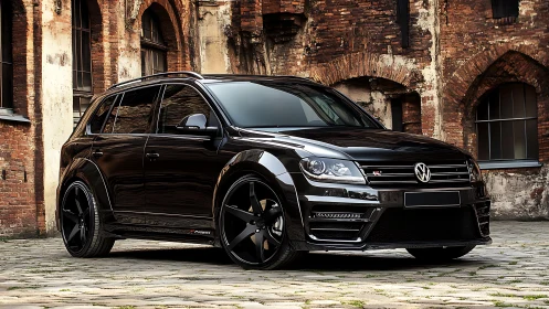 Bold black Volkswagen SUV stands confident by rustic brick walls