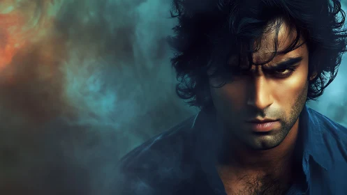 Chromatic vapor portrait with high-contrast chiaroscuro gaze.