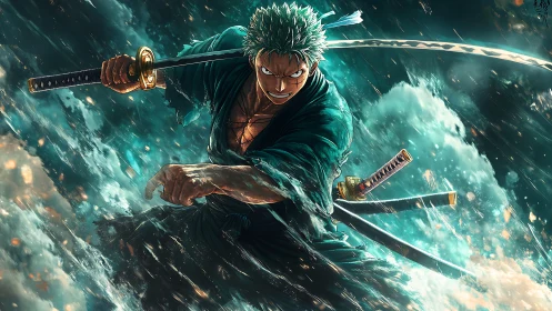 Sword-wielding figure advances through turbulent water scene