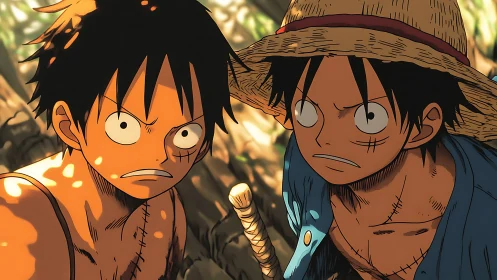 Dual anime protagonists under dappled jungle light study