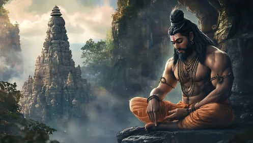 Mountain sage in quiet meditation beside misty temple.