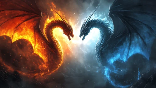 Fire and ice dragons clash in elemental standoff.