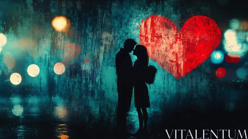 Urban Silhouette: Couple Kissing Against Red Heart.