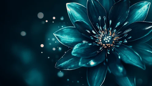 Luminous Teal Flower Glowing in Magical Darkness.