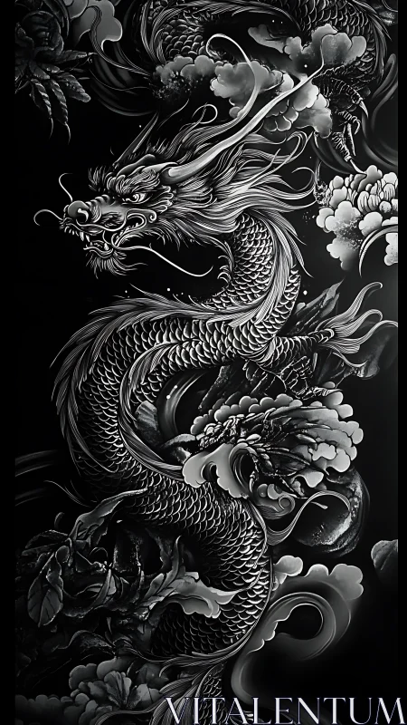 Monochrome eastern dragon coils through storm clouds in night