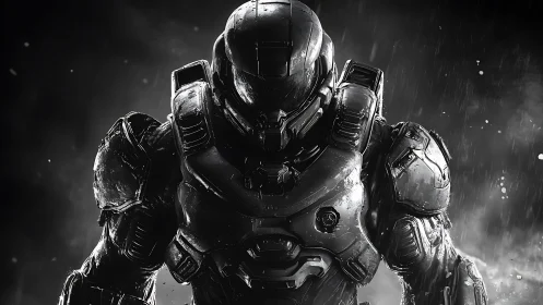 Midnight warborn sentinel leans into stormlit cyber silence