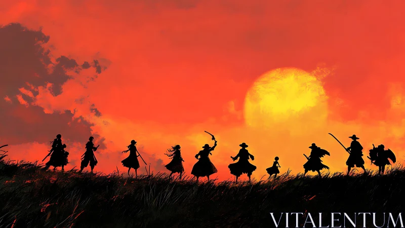 Sunset warrior silhouettes crossing burning horizon line.