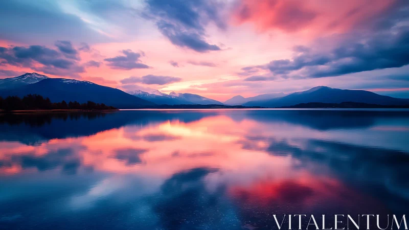Twilight reflections across tranquil alpine lake panorama.