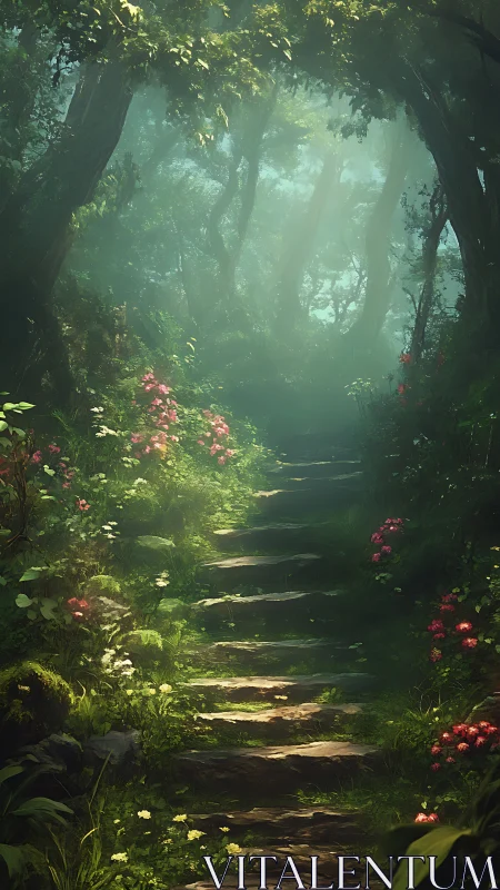 Luminous Forest Pathway: Mist and Botanical Architecture.