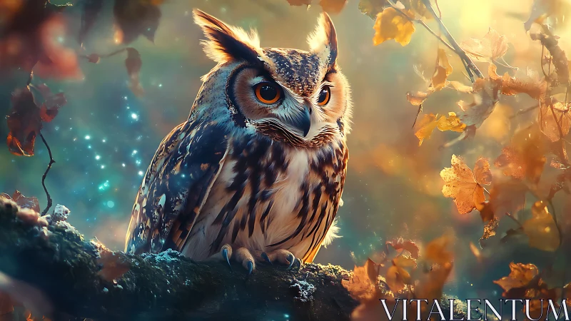 Majestic owl in autumn forest, magical fantasy digital art style.