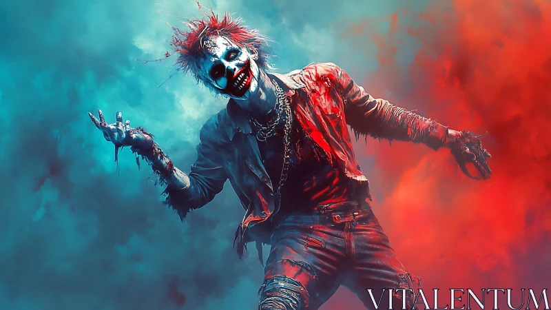 Rebel clown drifter dancing through vivid neon smoke.