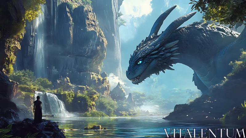 Human figure and blue dragon in misty waterfall canyon.