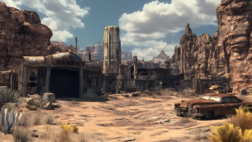 Desert ghost town shows rusted gas station and wrecked car.