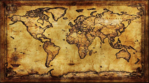 Vintage sepia world map with ornate nautical border details.