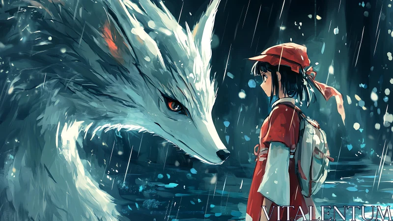 Stormlit girl facing spectral white fox spirit in rain.