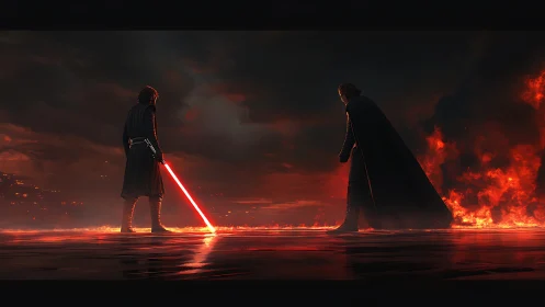 Dual cloaked combatants over molten lava with red energy blade