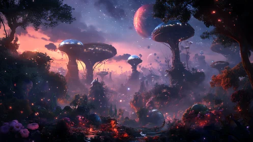 Alien forest landscape shows bioluminescent trees and domes