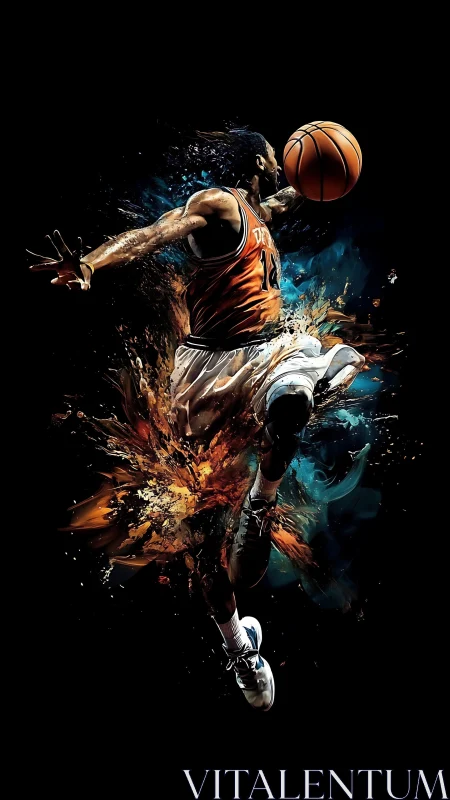 Electric basketball leap bursting through color and motion.
