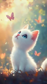 Whimsical White Kitten Mesmerized by Pastel Butterfly Dance.