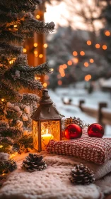 Snowy porch lantern and cozy Christmas evening glow.
