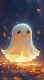 Glowing cartoon ghost floats above autumn leaves at dusk