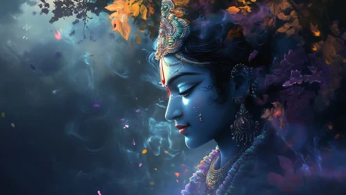 Blue-skinned adorned figure in profile amid swirling foliage