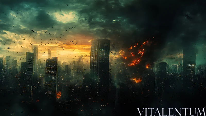 Burning high‑rise skyline dissolves into apocalyptic storm
