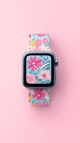 Smartwatch with pink floral band on pastel background.