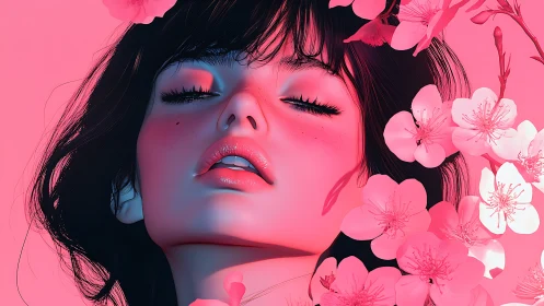 Softly glowing portrait drifts among dreamy pink blossoms