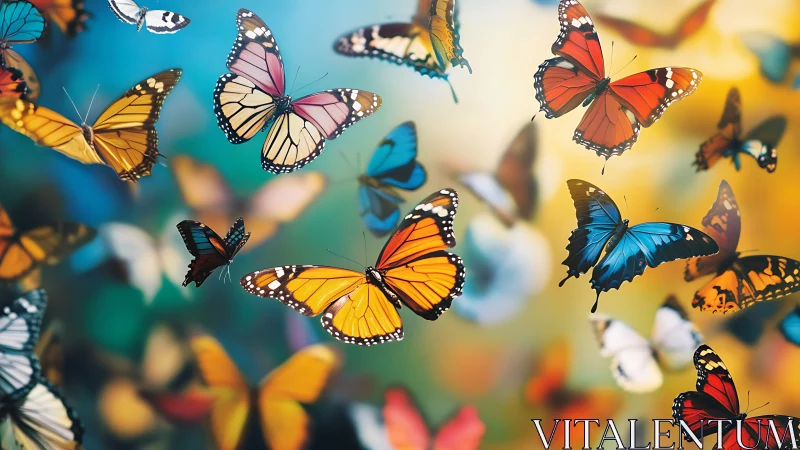 Colorful butterflies drift gently through warm golden light