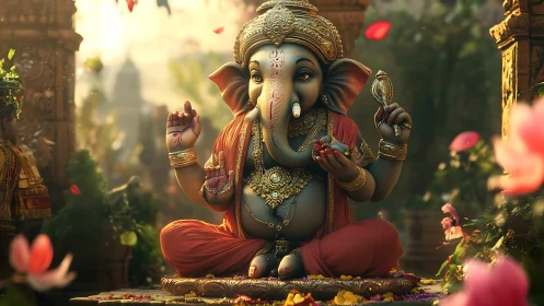 Digital render of ornate seated Ganesha idol in lush temple garden