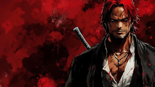 Red haired swordsman in stylized blood red abstract backdrop