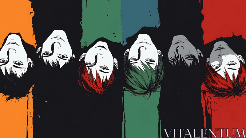 Inverted monochrome faces aligned on vertical color bands.