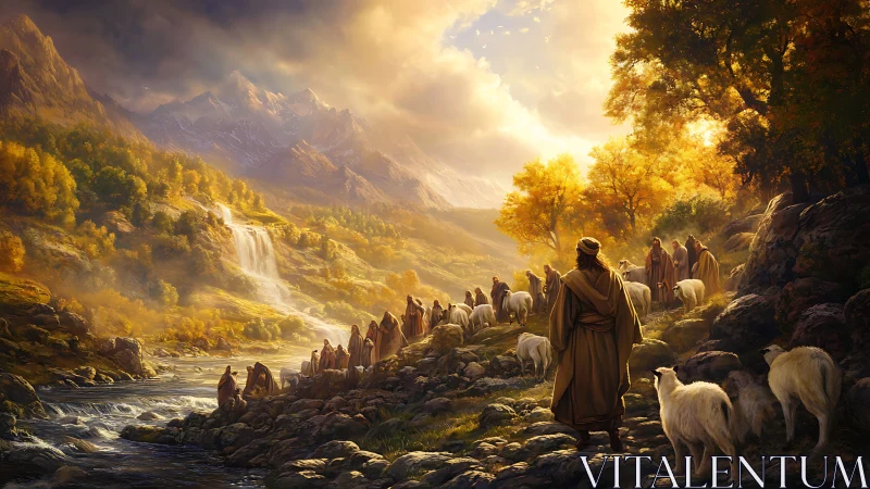 Shepherds guide flock through sunlit valley beneath mountains