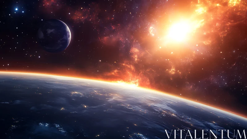 Planetary horizon under blazing stellar sunrise in space.