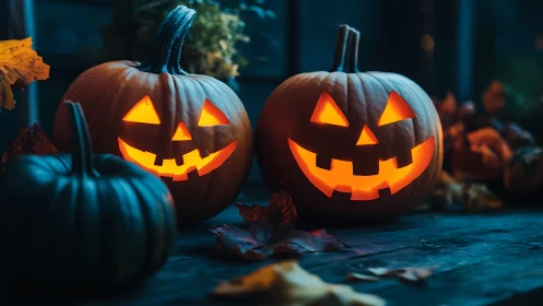 Glowing jack-o’-lantern pumpkins cast a cozy Halloween mood.