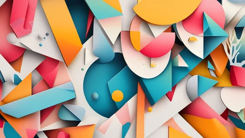 Colorful geometric shapes dance in a playful layered collage