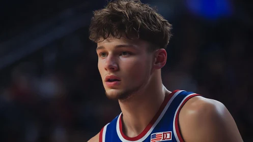 Male basketball player in uniform stands on court sideline