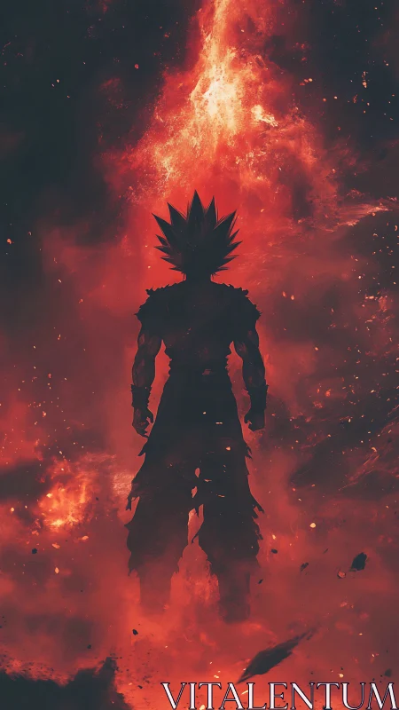 Silhouetted warrior in eruptive red nebula of fire and ash