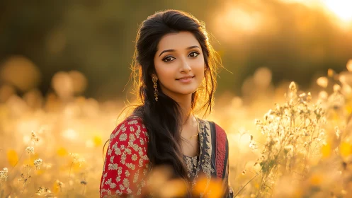 Elegant woman in traditional attire in golden field at sunset.