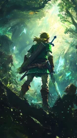 Forest hero poised at a sunlit gateway to adventure.